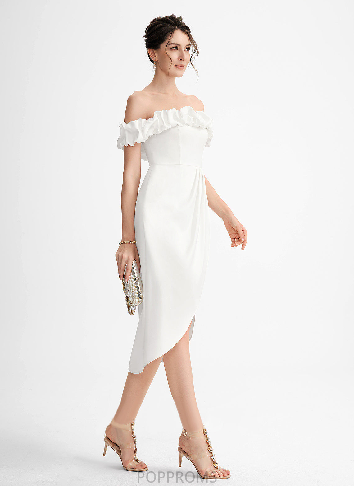 With Stretch Off-the-Shoulder Mariela Asymmetrical Dress Cocktail Crepe Cocktail Dresses Ruffle