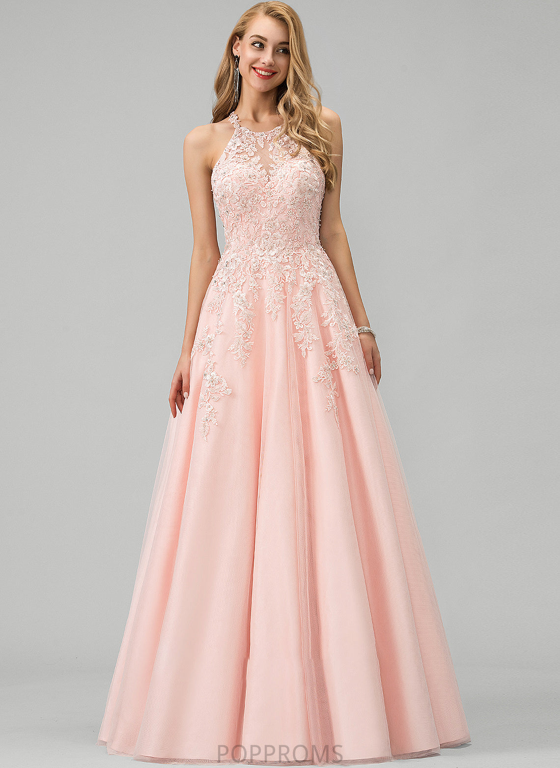 Scoop Tulle Angela Neck Floor-Length Ball-Gown/Princess Lace Sequins Prom Dresses With Beading