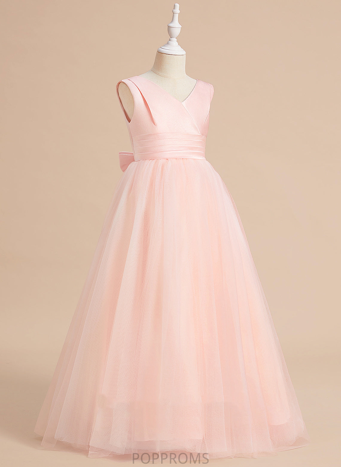 Sleeveless - Flower Girl Dresses V-neck Ball-Gown/Princess With Emery Dress Bow(s) Floor-length Satin/Tulle Flower Girl