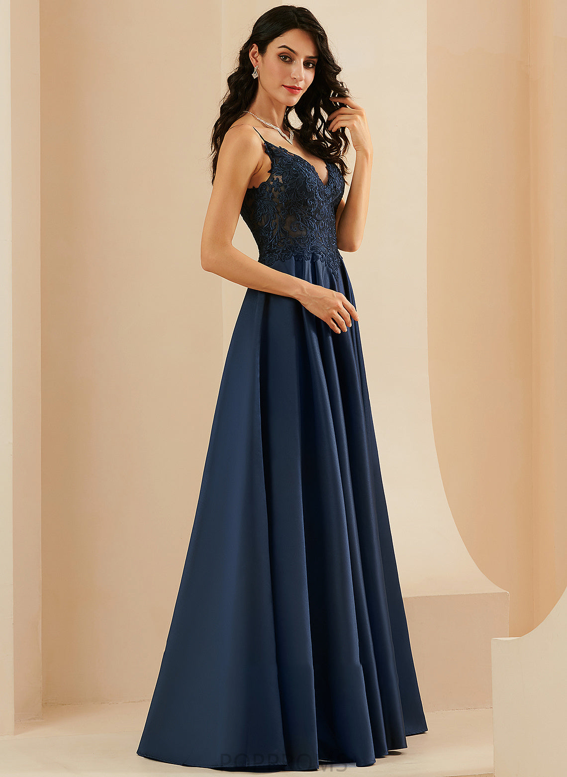 Prom Dresses Lace Libby V-neck Satin A-Line Floor-Length With