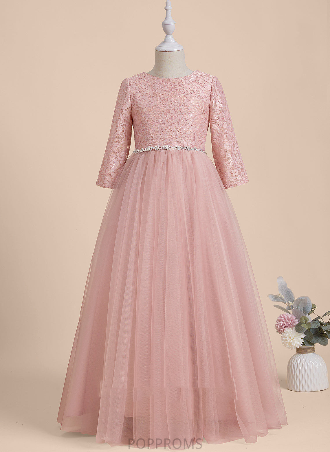 A-Line Girl With Neck - Beading/V Sue Tulle Back Long Scoop Flower Girl Dresses Dress Sleeves Flower Floor-length