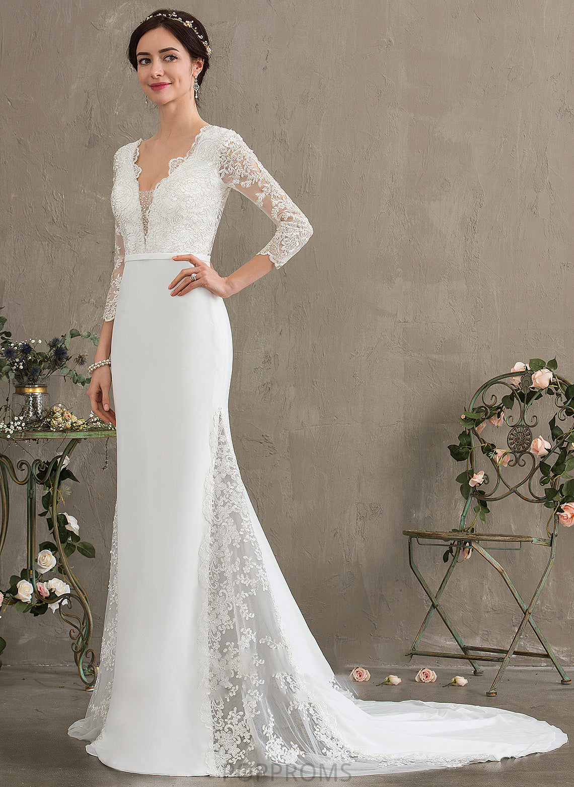 V-neck Sequins Trumpet/Mermaid Wedding With Chiffon Train Beading Wedding Dresses Dress Chapel Kiara