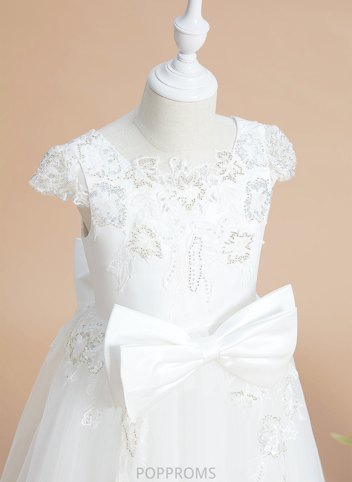 Short Scoop Sequins/Bow(s) Sleeves Dress Tulle/Lace Flower Girl Dresses Girl Neck Flower With A-Line - Tea-length Marina