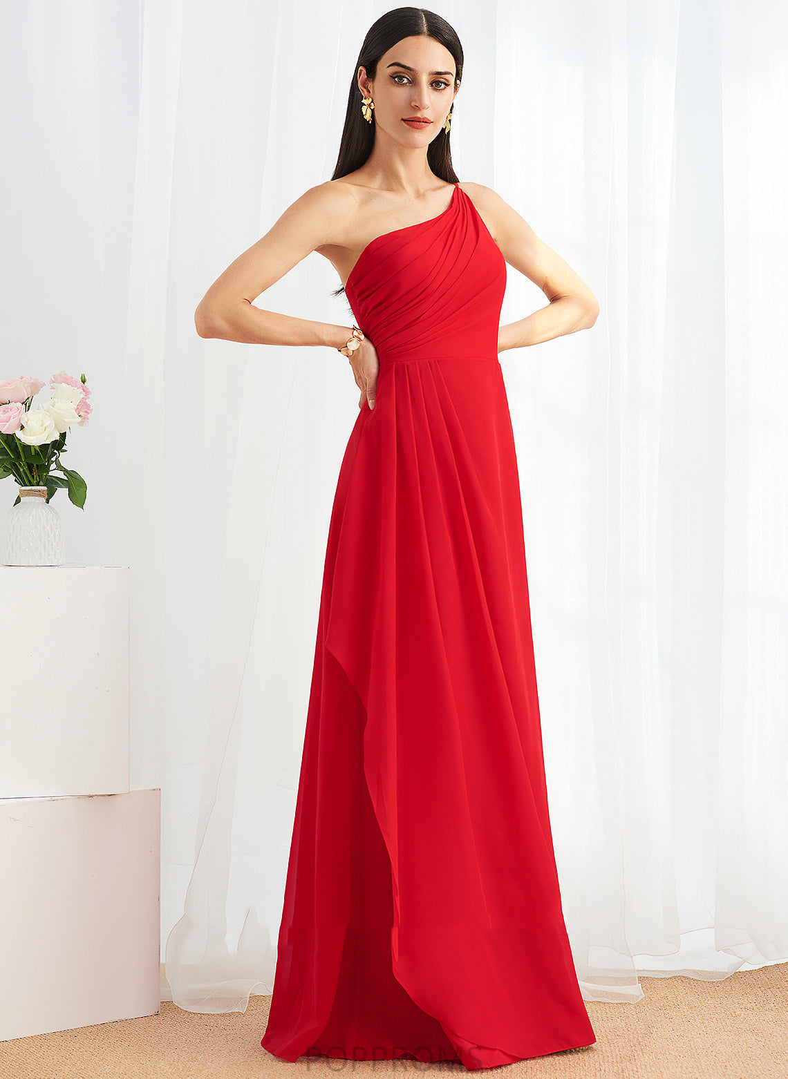 Fabric Floor-Length Length One-Shoulder Ruffle Silhouette SplitFront A-Line Neckline Embellishment Holly A-Line/Princess Bridesmaid Dresses