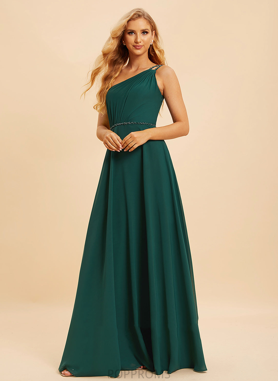 Beading Sequins One-Shoulder Embellishment Floor-Length Fabric Silhouette Neckline A-Line Length Joanne A-Line/Princess Bridesmaid Dresses