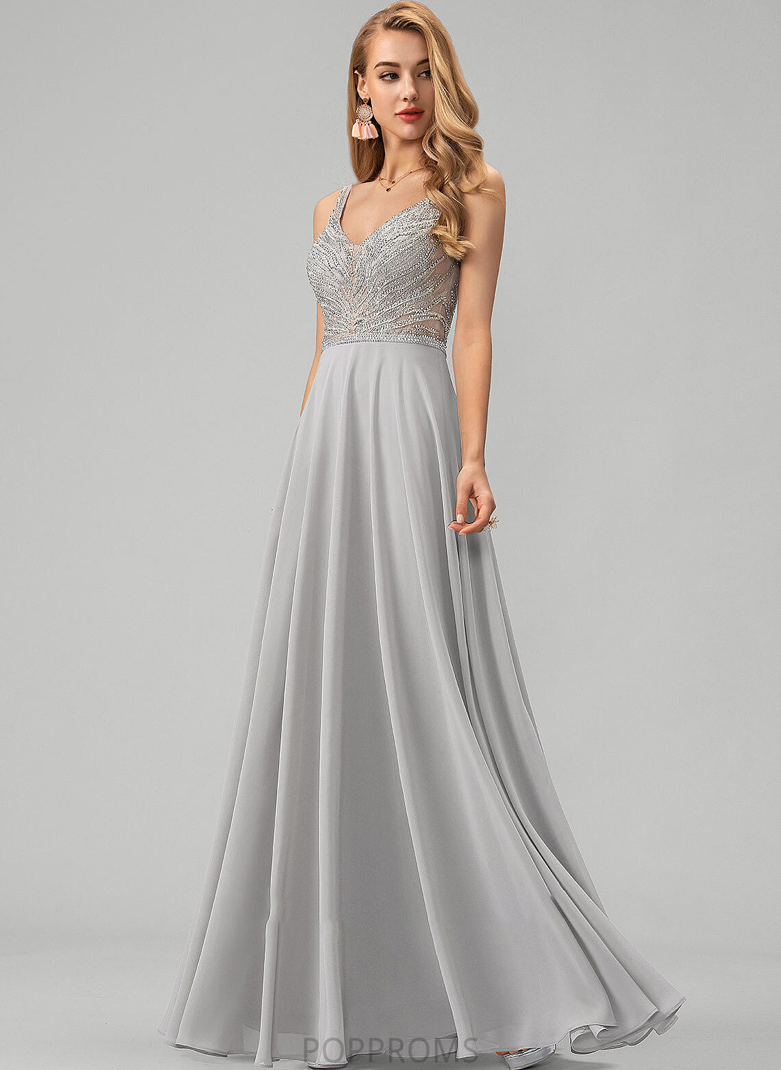 A-Line With Prom Dresses V-neck Beading Heidy Floor-Length Sequins Chiffon