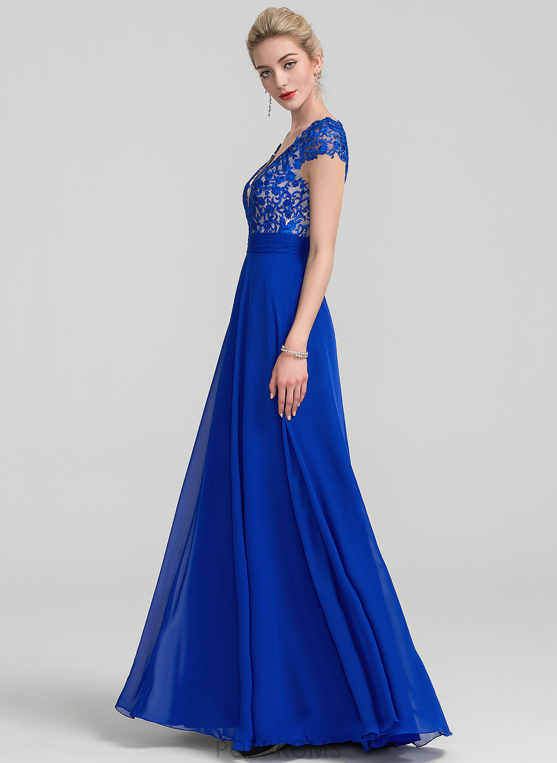 V-neck Lace Floor-Length With Chiffon Damaris Ruffle A-Line Prom Dresses