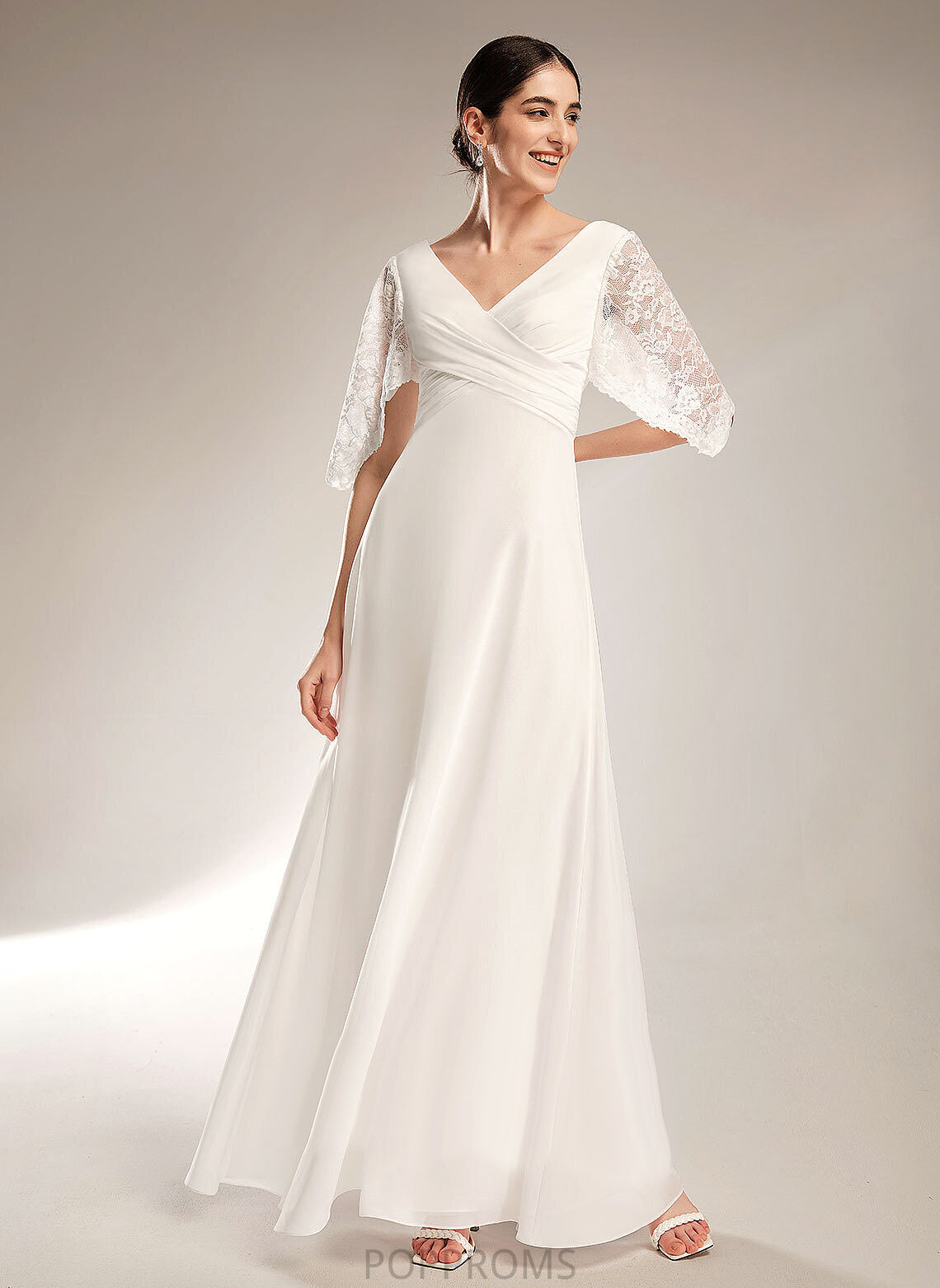 Wedding Dress Floor-Length Piper Wedding Dresses Chiffon Sheath/Column Lace With V-neck