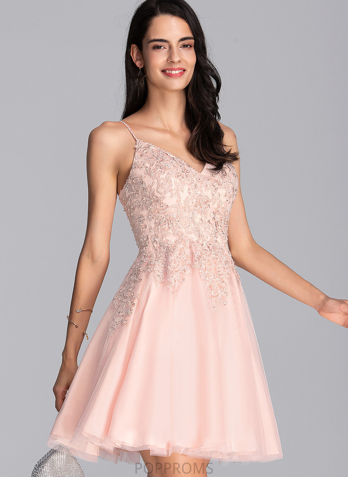 A-Line Jazlyn With Short/Mini V-neck Tulle Prom Dresses Beading