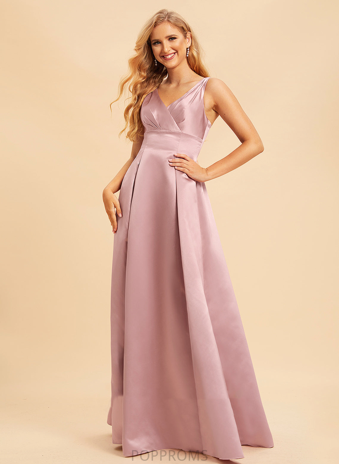 Straps Fabric V-neck A-Line Silhouette Satin Length Neckline Floor-Length Jaden Sleeveless Floor Length Bridesmaid Dresses