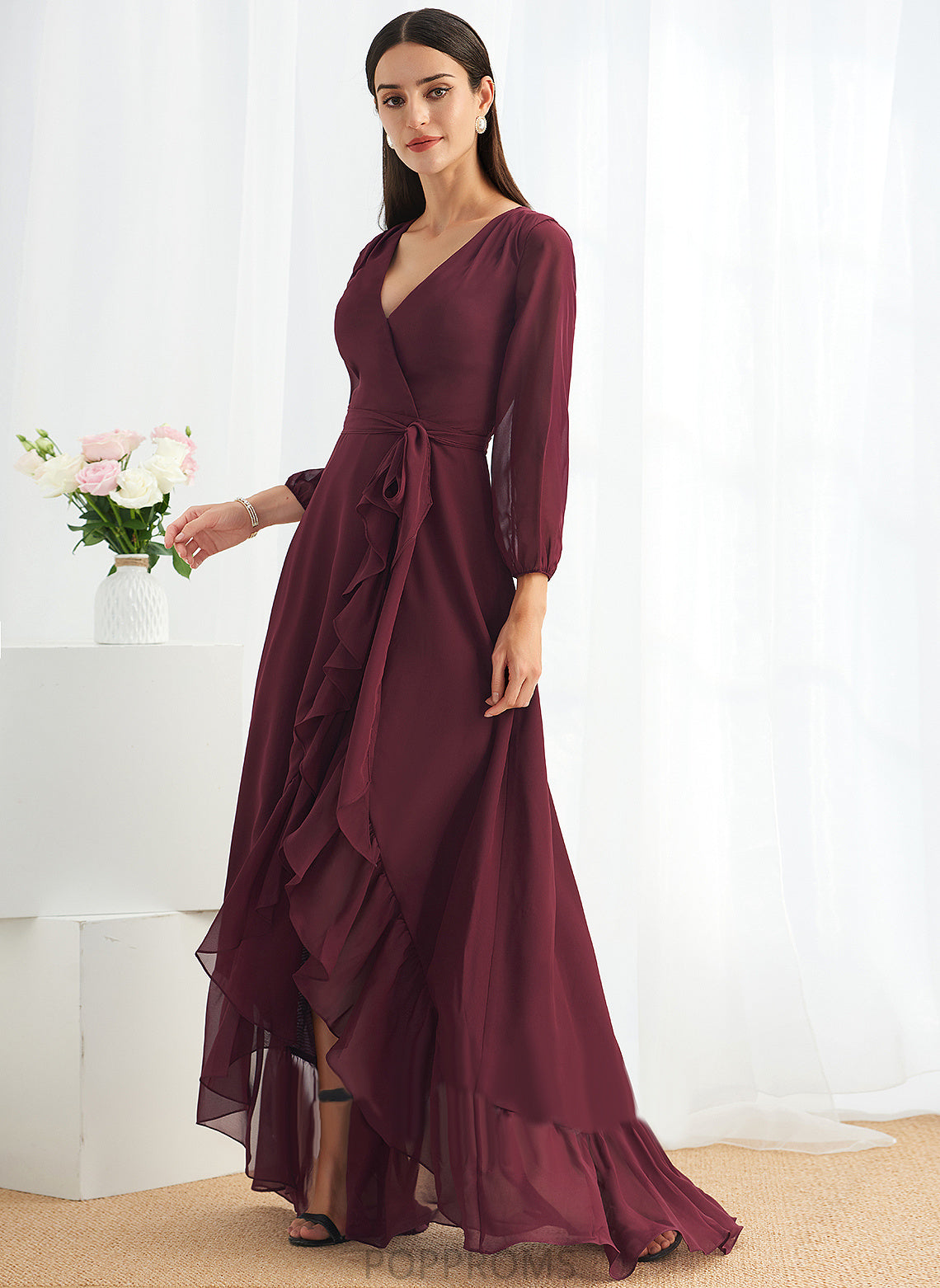 Neckline Asymmetrical Length A-Line Fabric Ruffle Embellishment SplitFront V-neck Silhouette Raven Natural Waist Bridesmaid Dresses