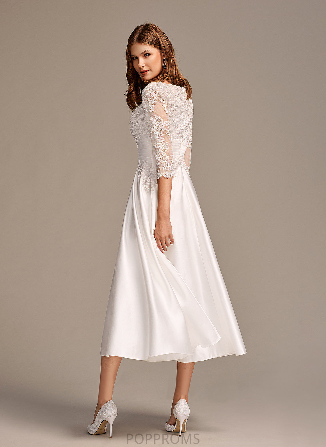 Dress Scoop Satin Ingrid With Wedding Dresses Tea-Length Lace Wedding A-Line Neck Pockets