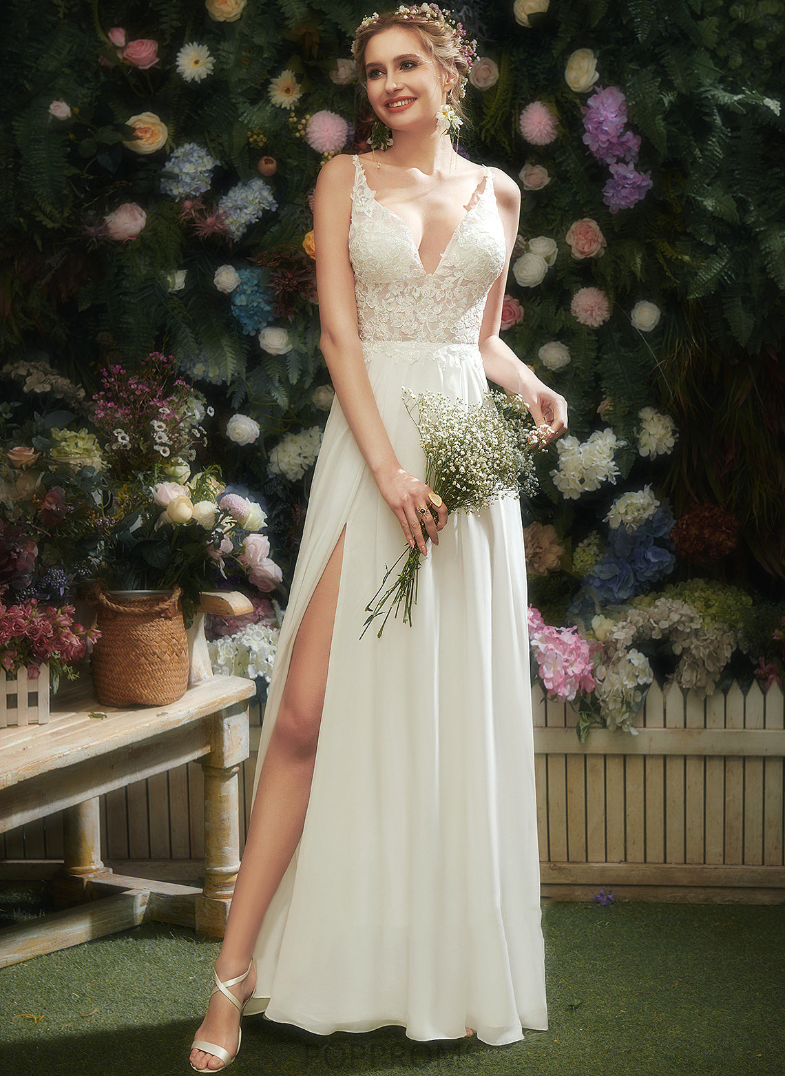 Wedding Dresses Lucinda V-neck Chiffon Lace A-Line Floor-Length Wedding Dress