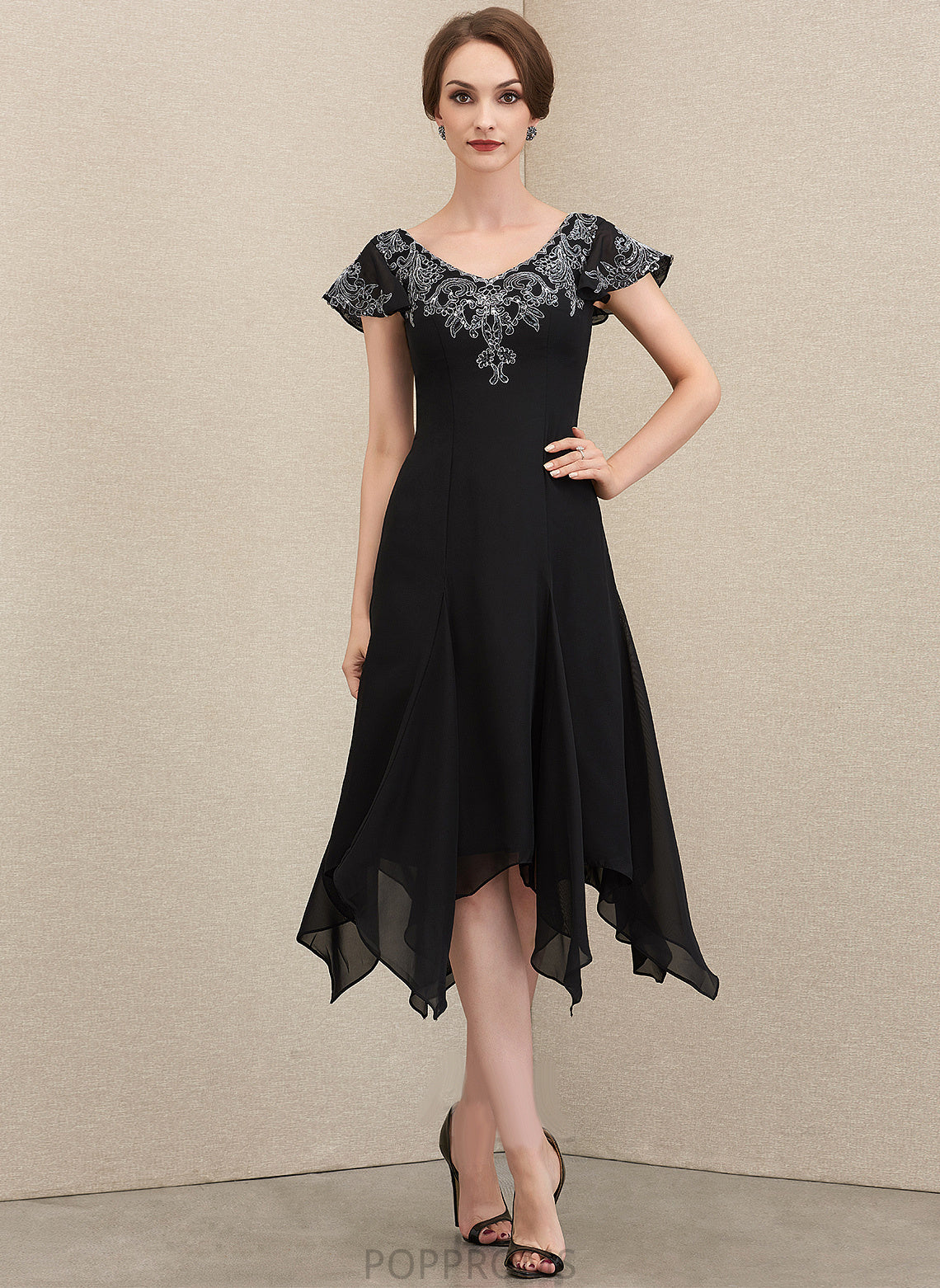 Dress Mother of the Bride Dresses A-Line Chiffon Bride Lace the With of V-neck Tea-Length Sequins Mother Katrina