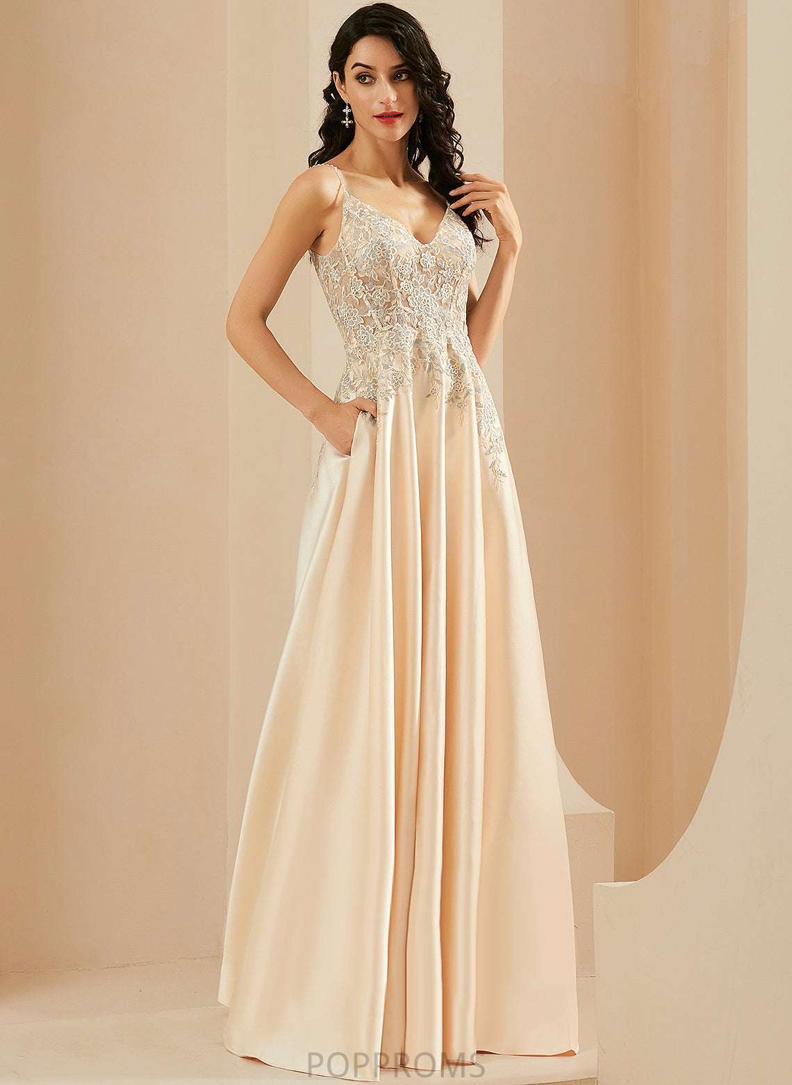 Katie A-Line Floor-Length Prom Dresses V-neck Satin Lace