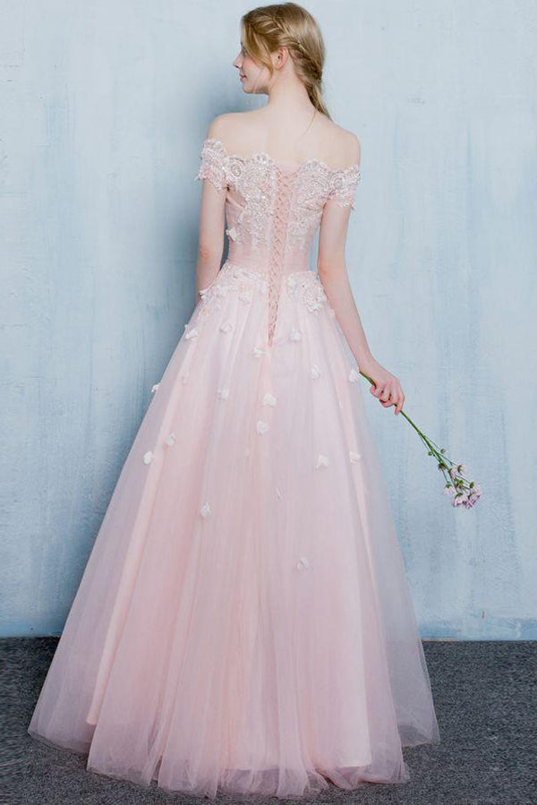 Pink A Line Floor Length Off Shoulder Appliques Beading Long Prom Dresses