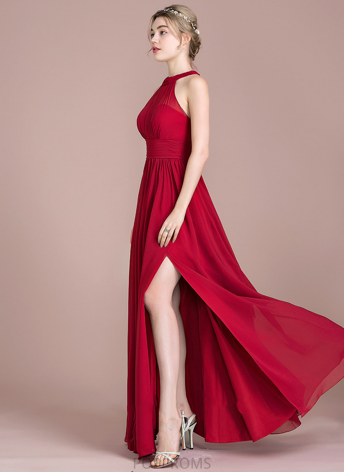 With Ruffle Bow(s) Prom Dresses A-Line Front Floor-Length Neck Scoop Chiffon Valeria Split