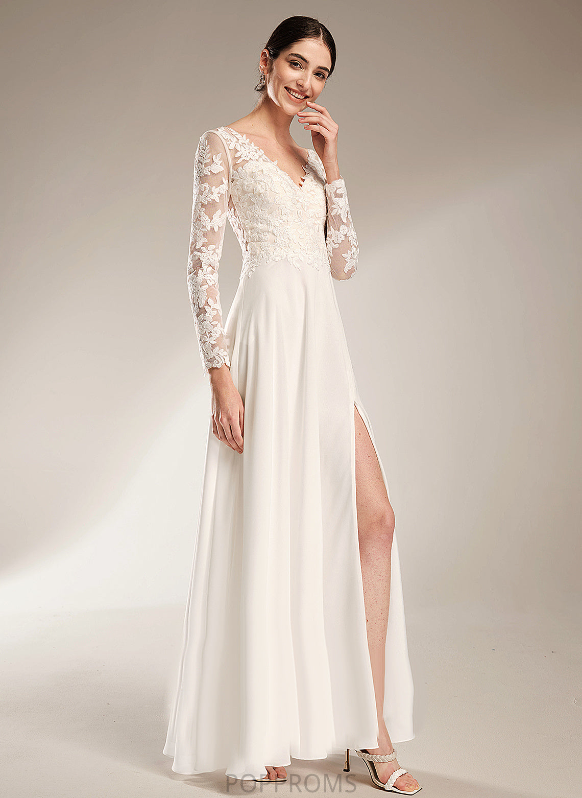 Split Wedding Dresses A-Line Wedding Dress Floor-Length With Lace V-neck Front Chiffon Shiloh