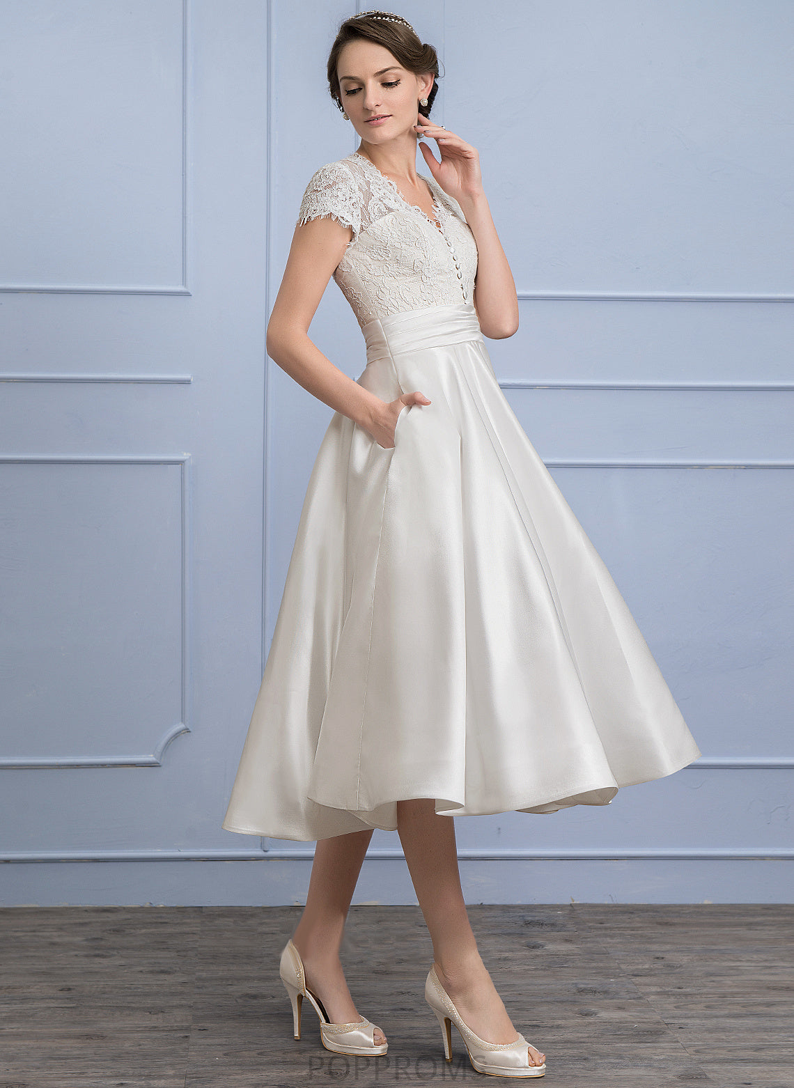 Tea-Length Maci Dress V-neck Ruffle Wedding With Wedding Dresses A-Line Lace Satin