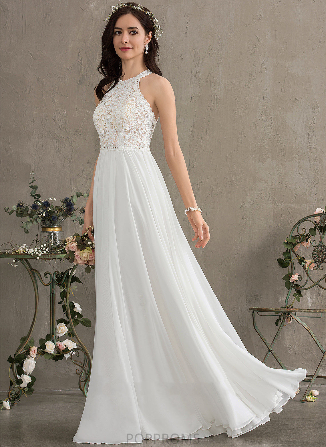 A-Line Chiffon Floor-Length Lace Wedding Neck Dress Harmony Scoop Wedding Dresses