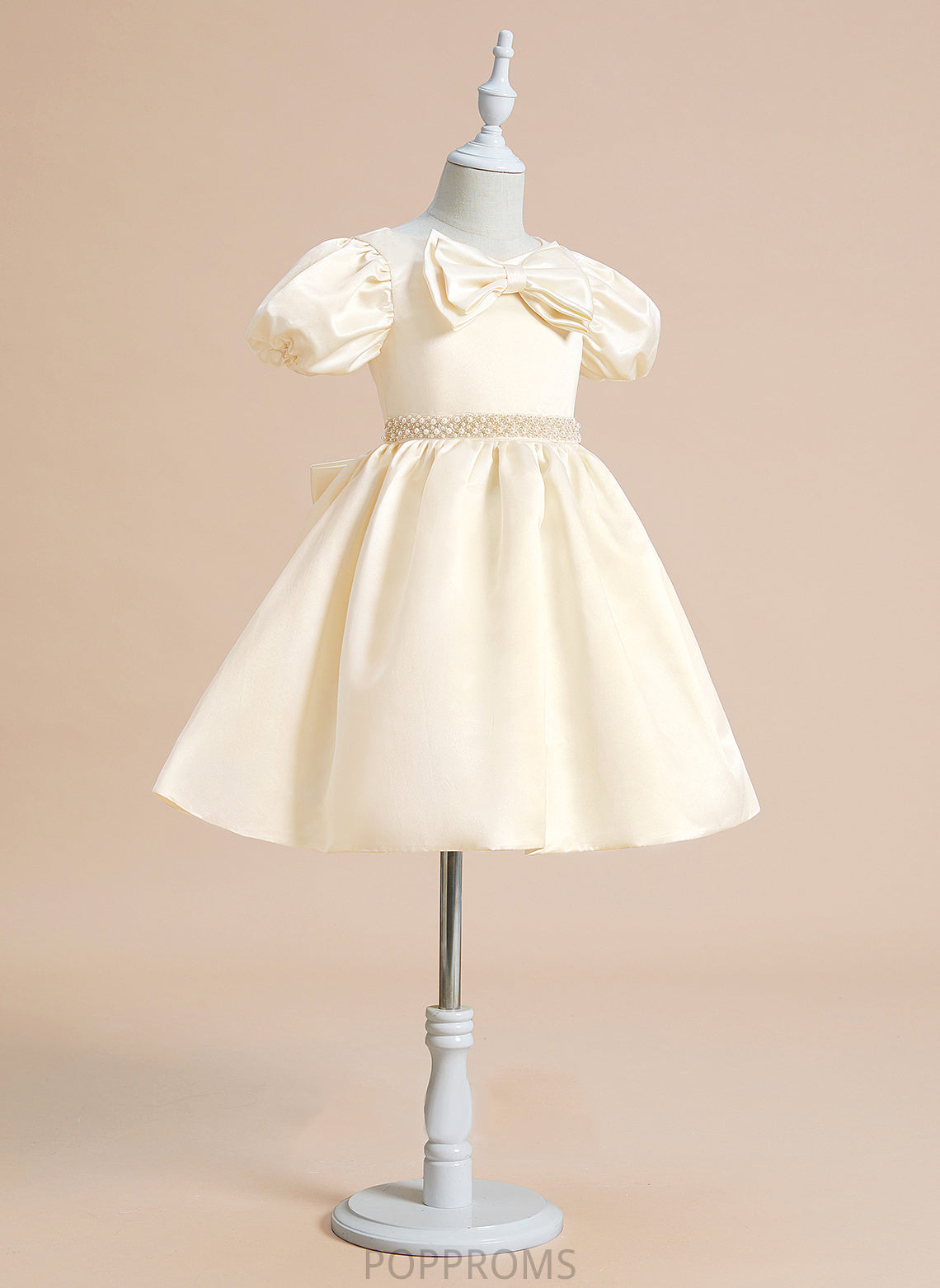 Beading/Bow(s) Ball-Gown/Princess Satin Flower Short With Knee-length Sleeves Dress V-neck Flower Girl Dresses Girl - Mandy