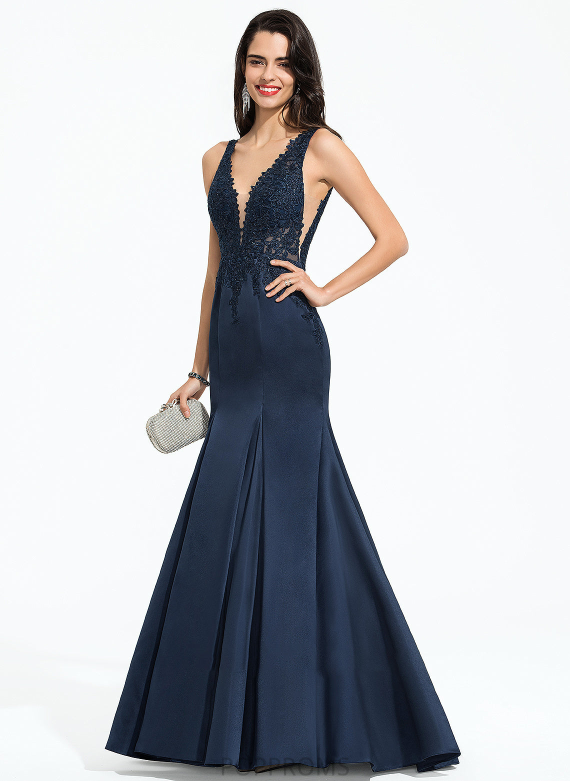 Journey V-neck Satin With Sweep Train Trumpet/Mermaid Beading Prom Dresses