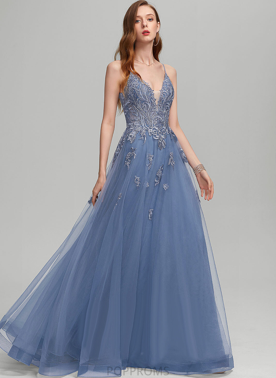 Floor-Length Tulle Prom Dresses With Sloane A-Line Sequins Lace V-neck