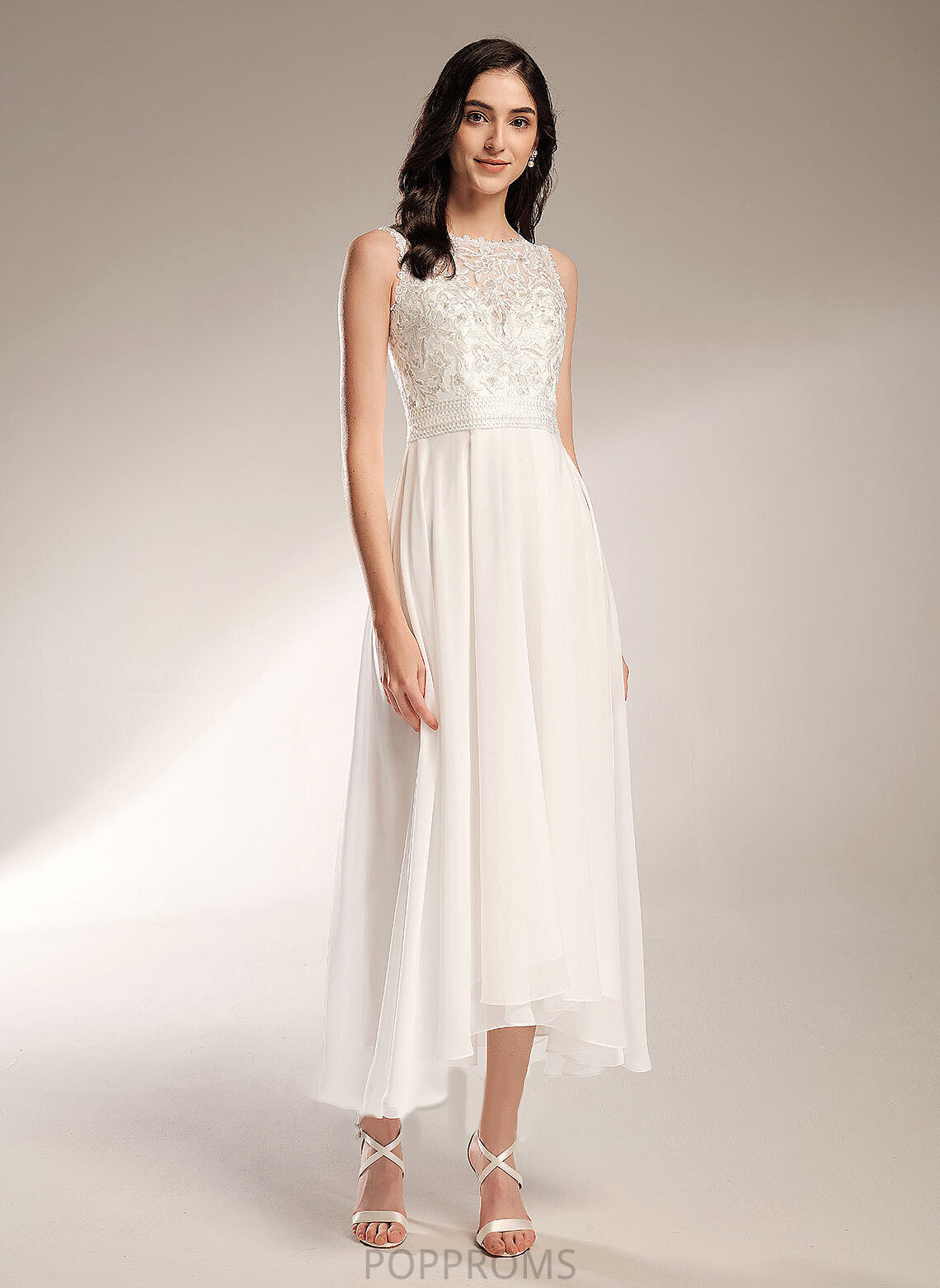 Neck Scoop Asymmetrical Chiffon Wedding Dresses Dominique Lace Wedding A-Line Dress