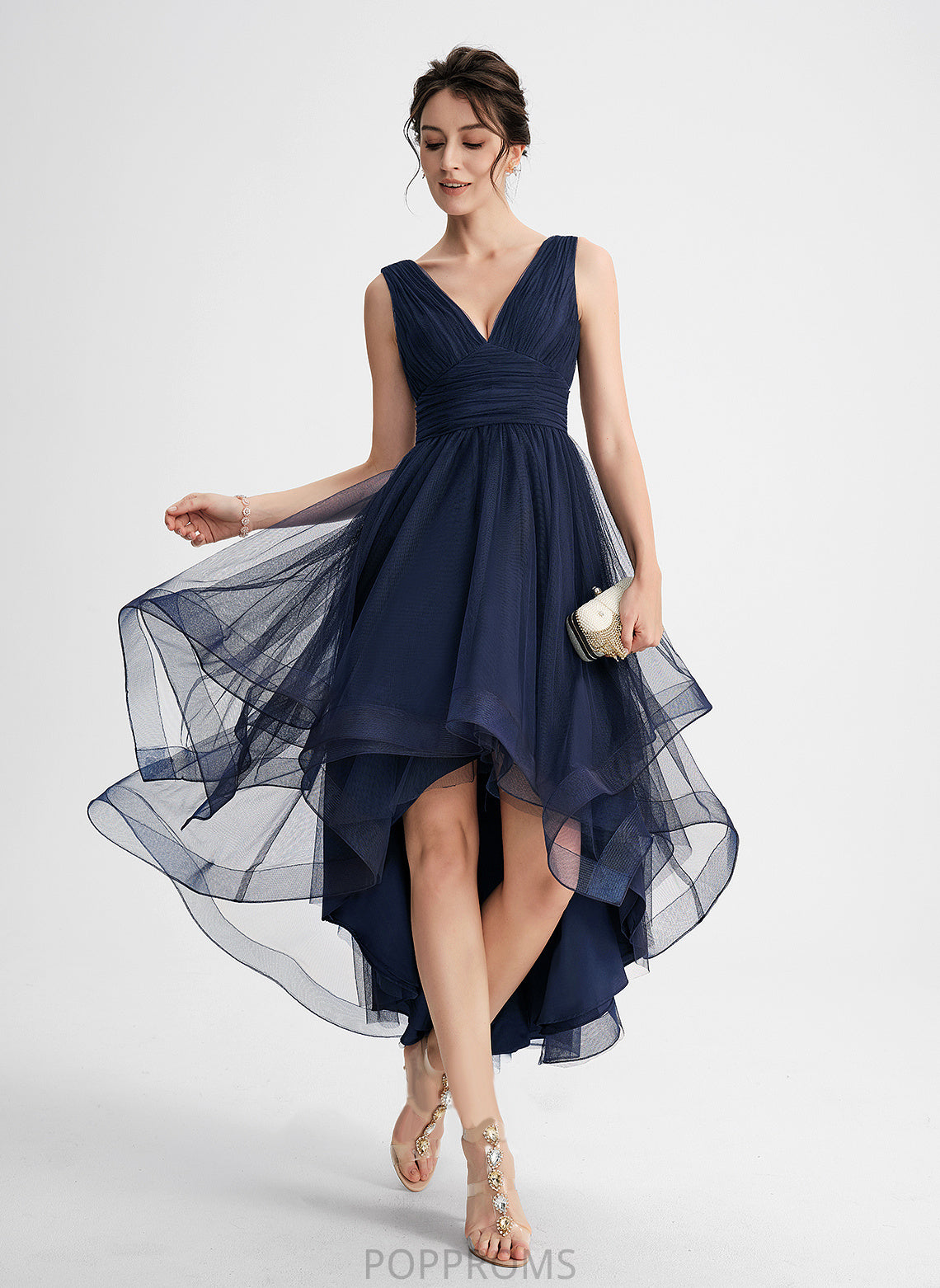 Tulle Cascading Ruffles Pleated Cocktail V-neck Cocktail Dresses A-Line With Asymmetrical Dress Arely