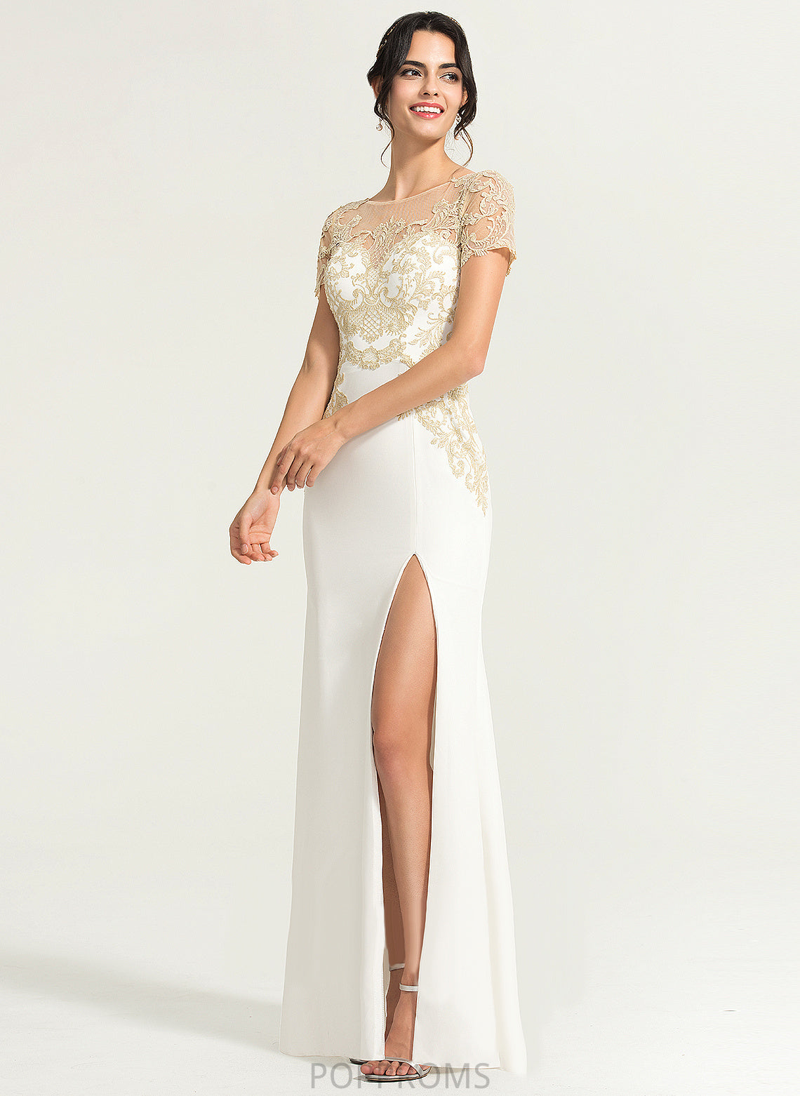 Thelma Wedding Front Scoop Lace With Floor-Length Wedding Dresses Sheath/Column Stretch Crepe Neck Split Dress