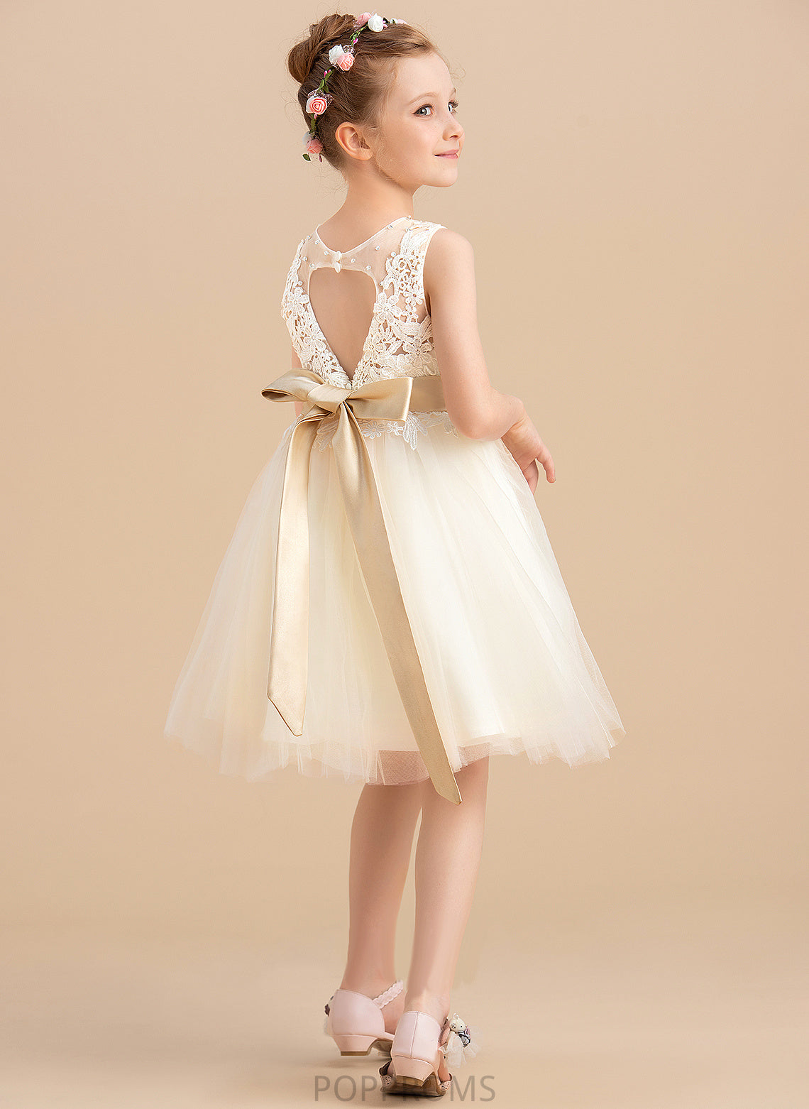 sash) Neck With Girl Flower Girl Dresses Sleeveless Flower (Detachable - Scoop A-Line Knee-length Sash/Beading/Back Hole Jazmyn Tulle/Lace Dress