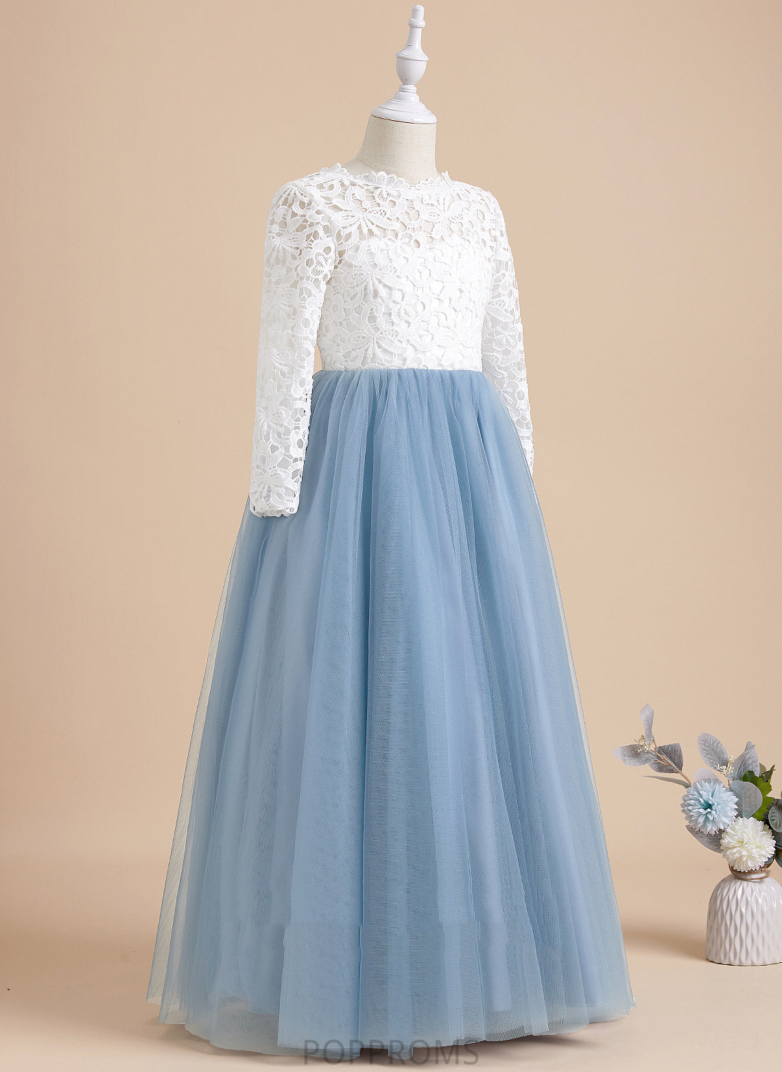 With Ball-Gown/Princess Scoop Sleeves Bow(s)/V Back Dress - Girl Tulle/Lace Long Flower Flower Girl Dresses Floor-length Neck Novia