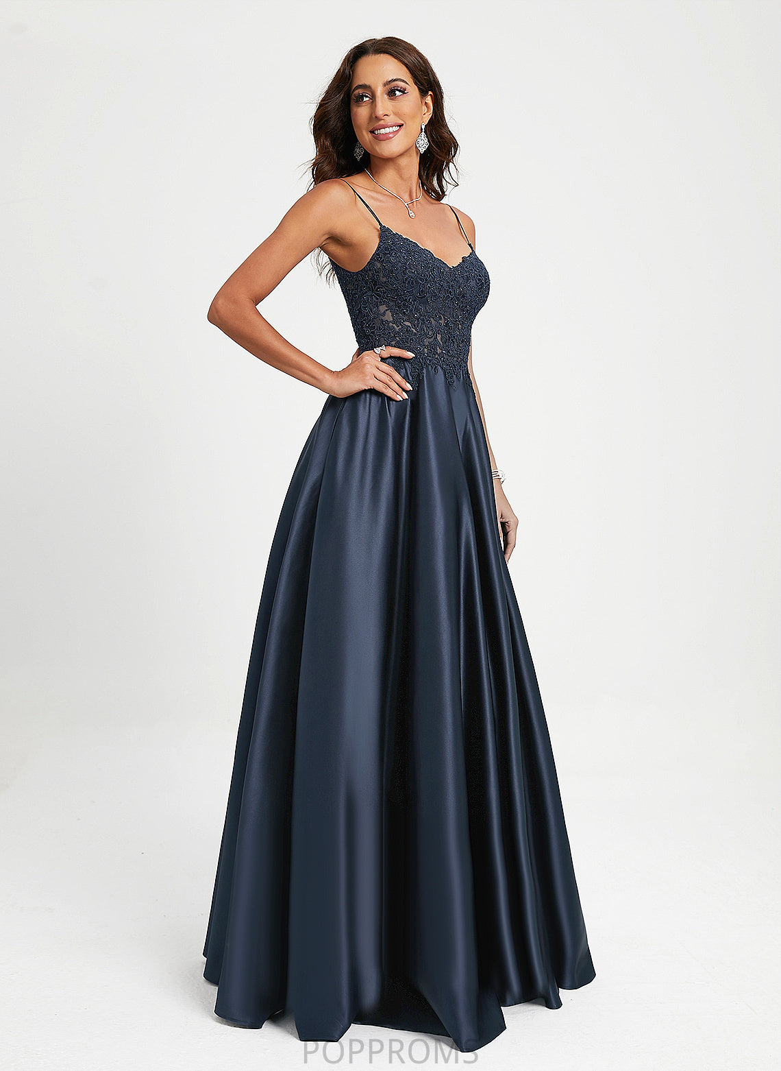 A-Line Satin With Prom Dresses Sequins Lace V-neck Joanne Floor-Length