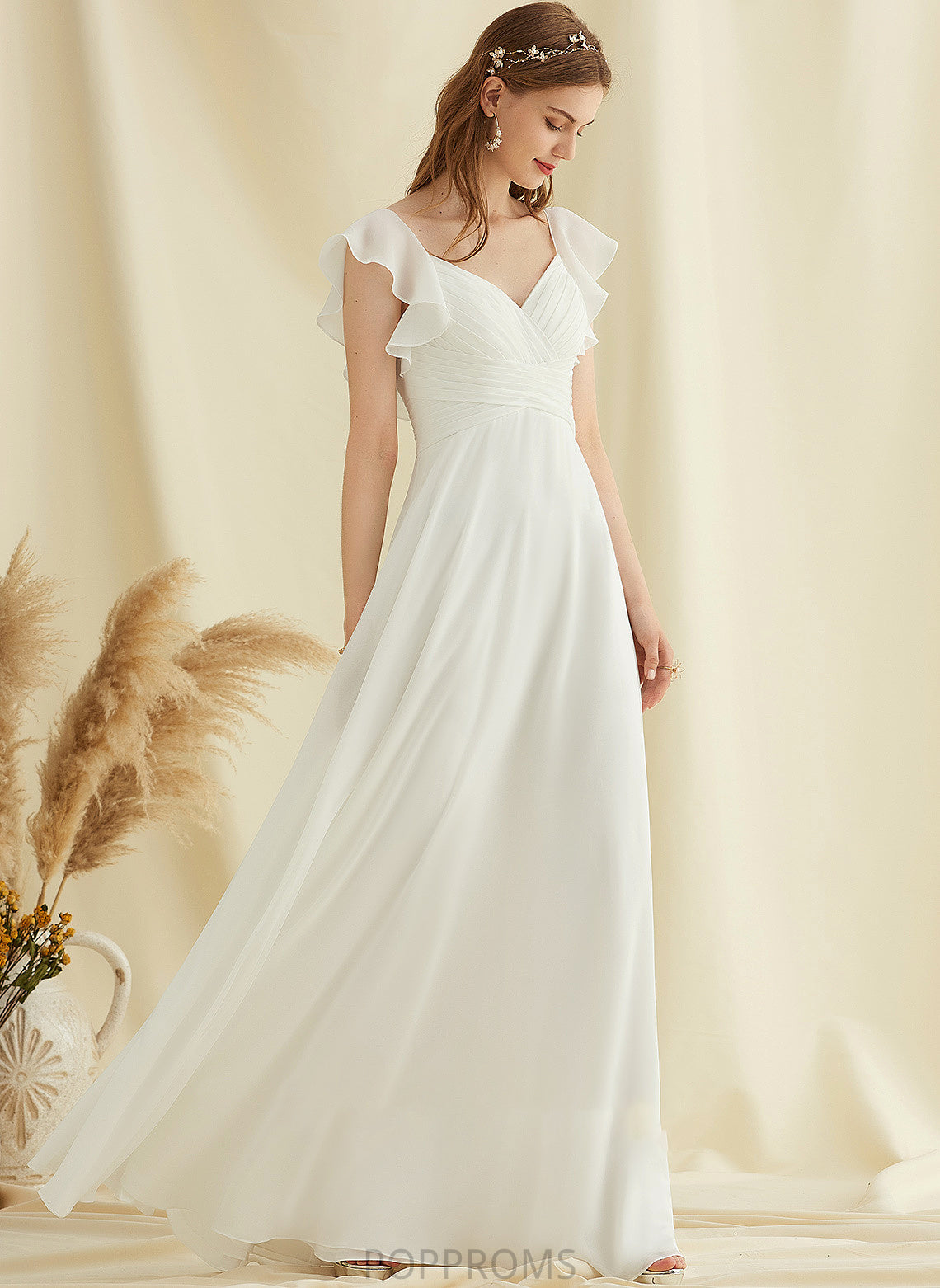 V-neck Wedding Ruffle With Dress Chiffon Amiah Wedding Dresses Floor-Length A-Line