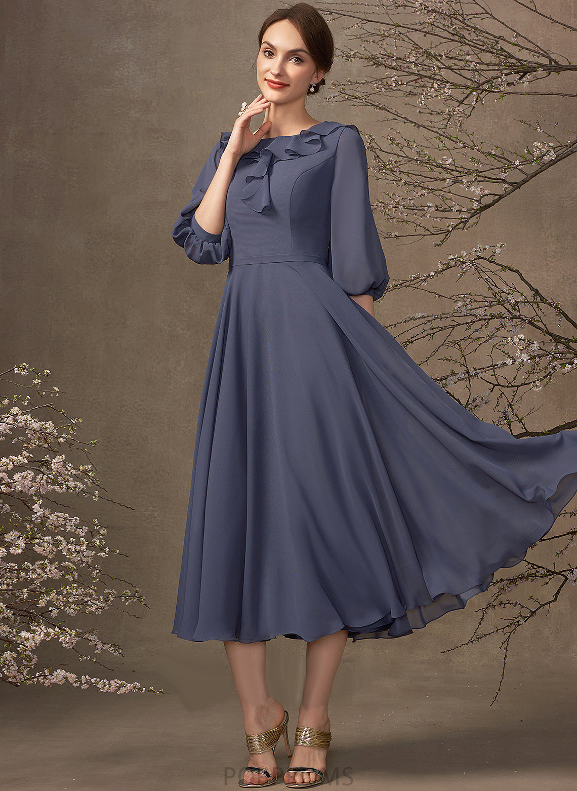 Mother of the Bride Dresses Dress Chiffon Mother Tea-Length Bride Cascading of Scoop Neck the Kenzie A-Line Ruffles With