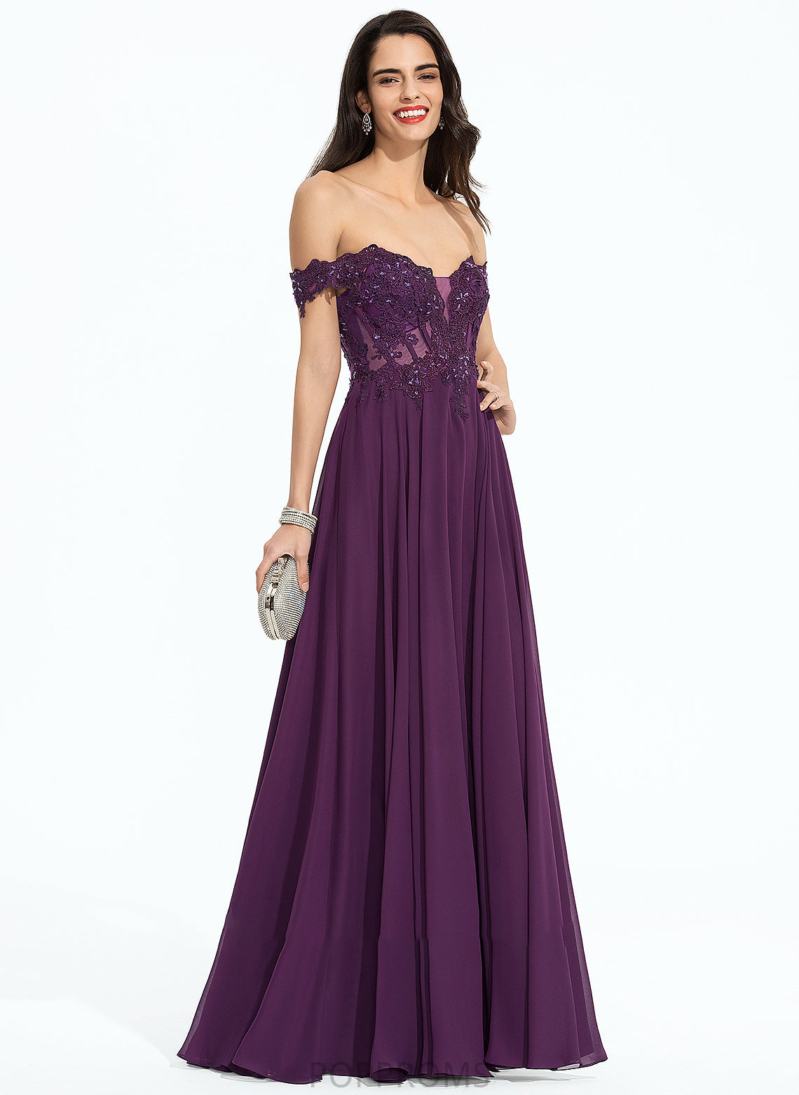 Mackenzie Beading With Ball-Gown/Princess Off-the-Shoulder Prom Dresses Sequins Chiffon Floor-Length