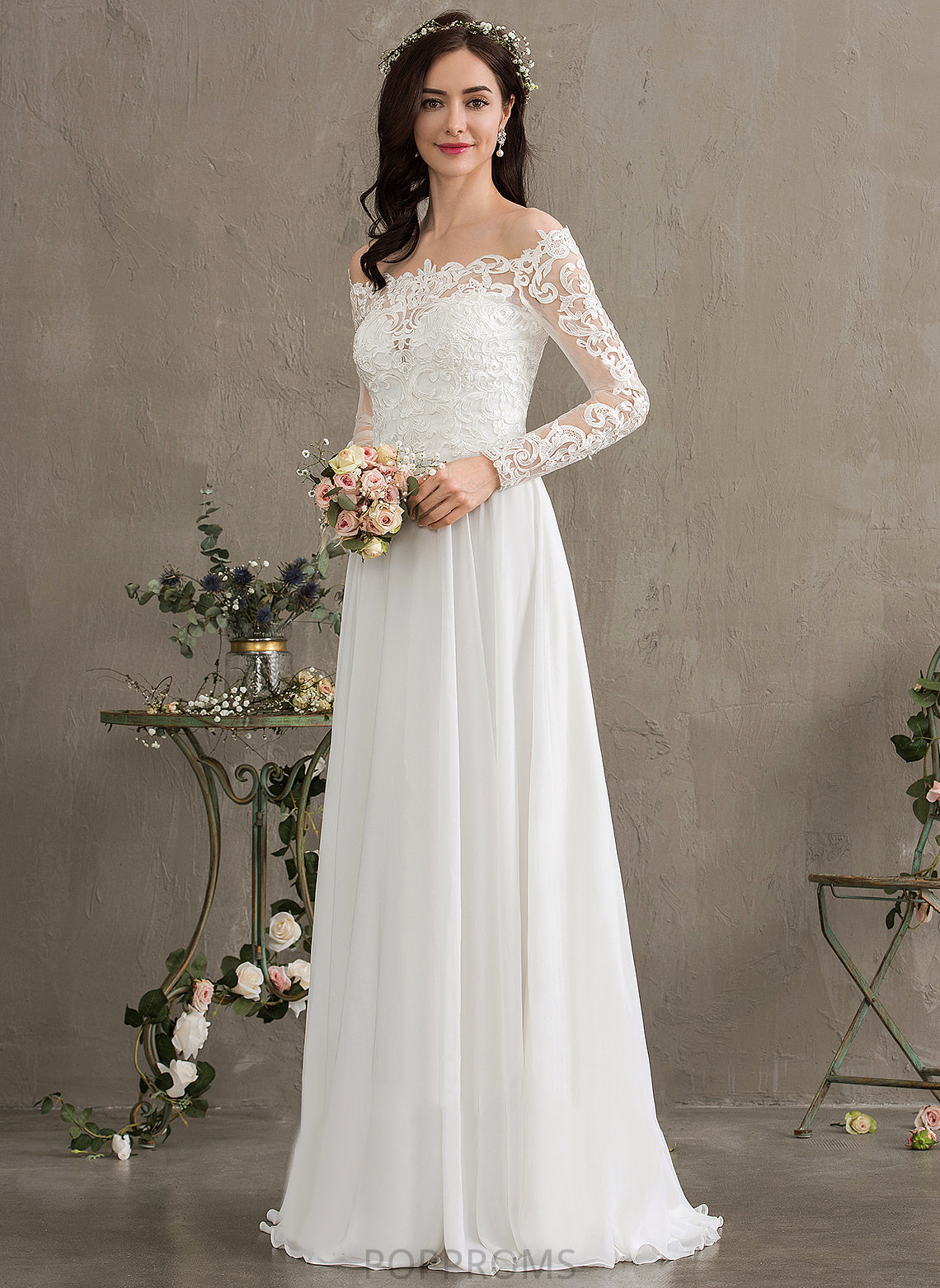 Chiffon A-Line Wedding Ann Dress Lace Lace Wedding Dresses Floor-Length Off-the-Shoulder With