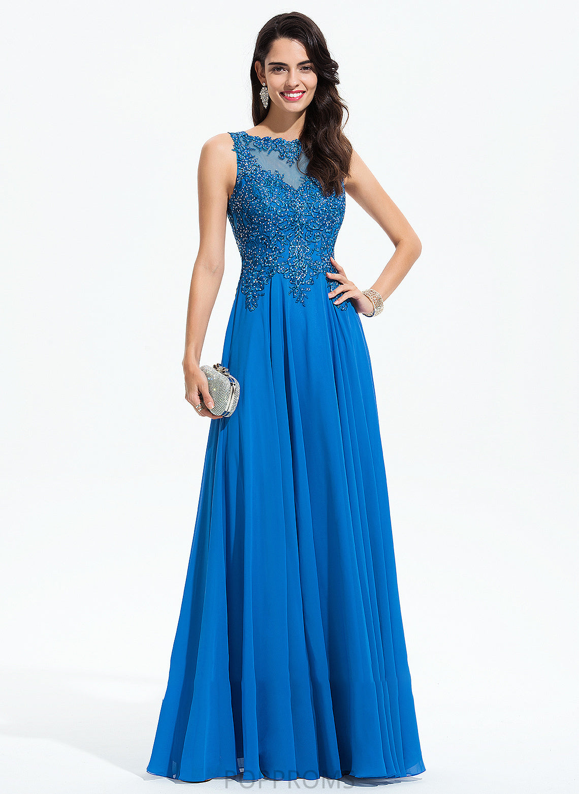 Neck Lace Sequins A-Line Londyn Floor-Length With Chiffon Beading Scoop Prom Dresses