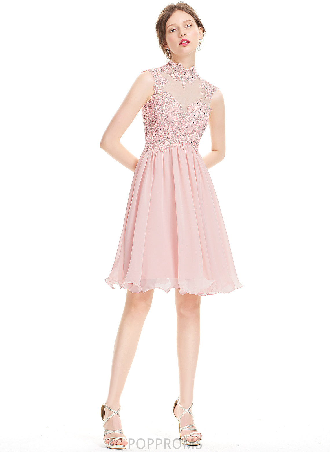 With Izabella Dress Homecoming Dresses High Chiffon Homecoming A-Line Knee-Length Beading Neck Lace