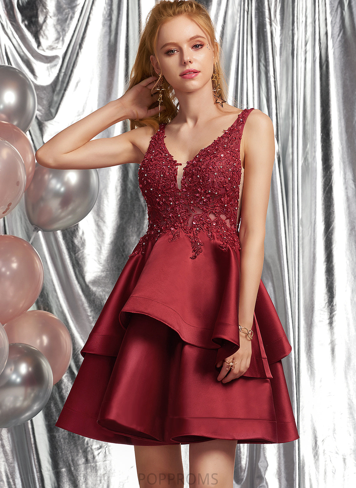 Satin Short/Mini Homecoming Lace V-neck Miriam Dress Homecoming Dresses Beading With A-Line Sequins