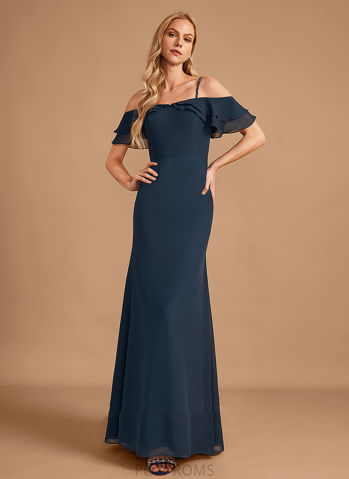 Length Embellishment Ruffle Sheath/Column Fabric Floor-Length Neckline Silhouette Off-the-Shoulder Beading Nathalia Spaghetti Staps Bridesmaid Dresses