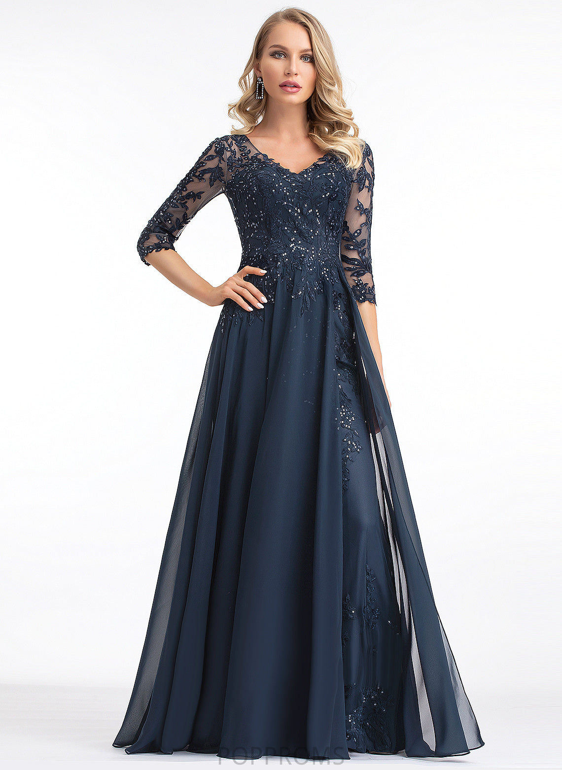 With A-Line V-neck Sequins Floor-Length Yasmine Prom Dresses Chiffon Lace