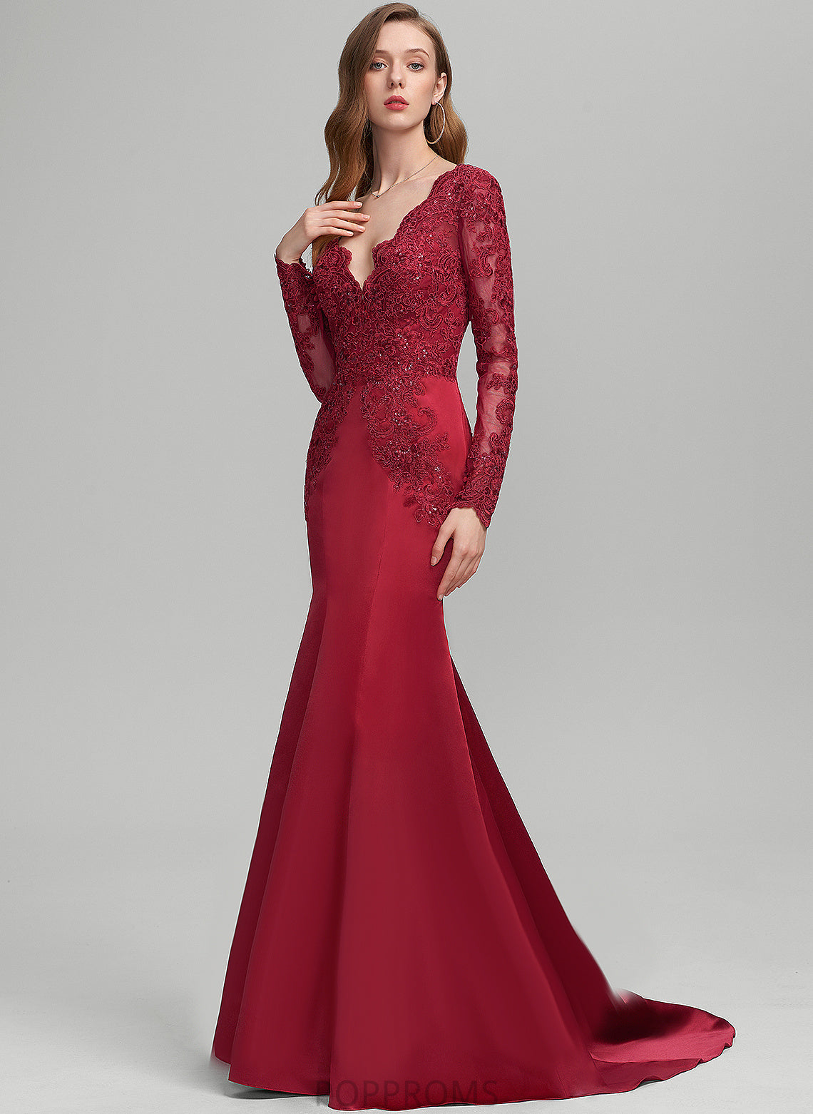 Sequins V-neck Sweep With Mavis Trumpet/Mermaid Lace Satin Prom Dresses Train