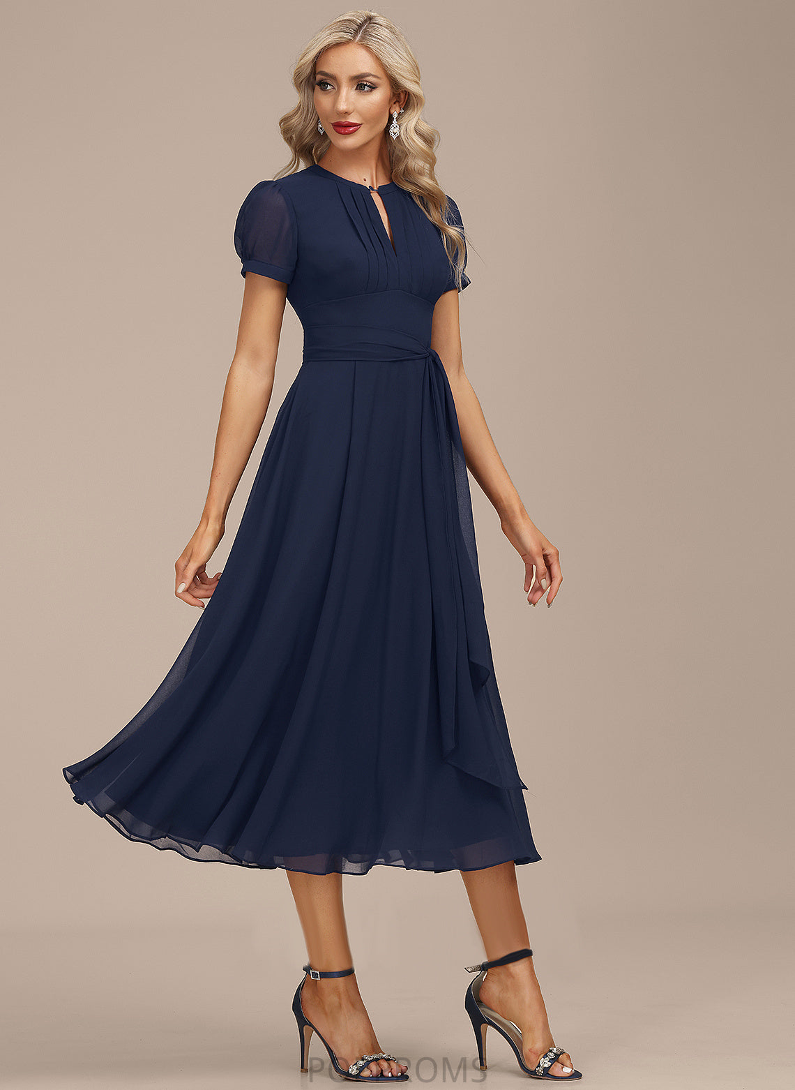 Cocktail Nina Neck Tea-Length Scoop Chiffon Ruffle A-Line Dress With Cocktail Dresses