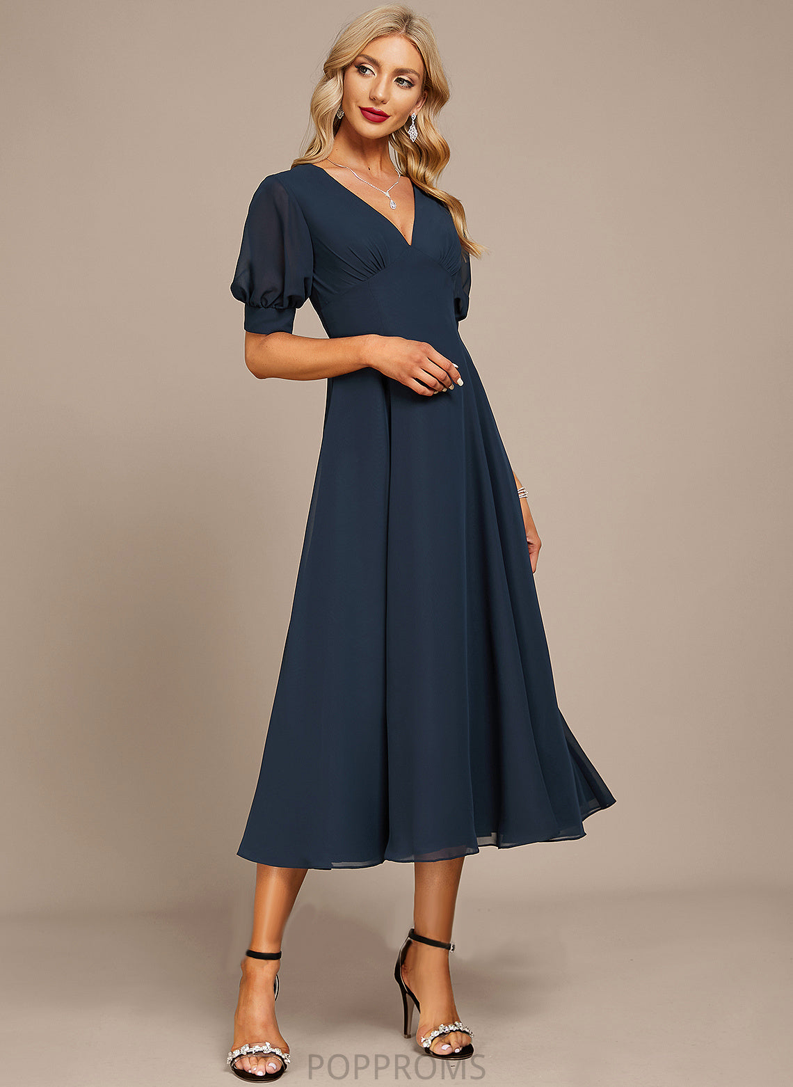 With A-Line Cocktail Cocktail Dresses V-neck Saige Chiffon Tea-Length Dress Ruffle