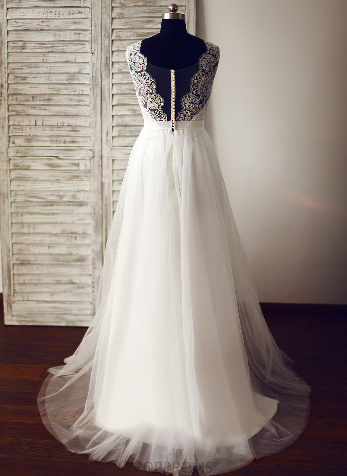 V-neck Wedding Dresses Tulle Sabrina Wedding A-Line Lace Train Sweep Dress