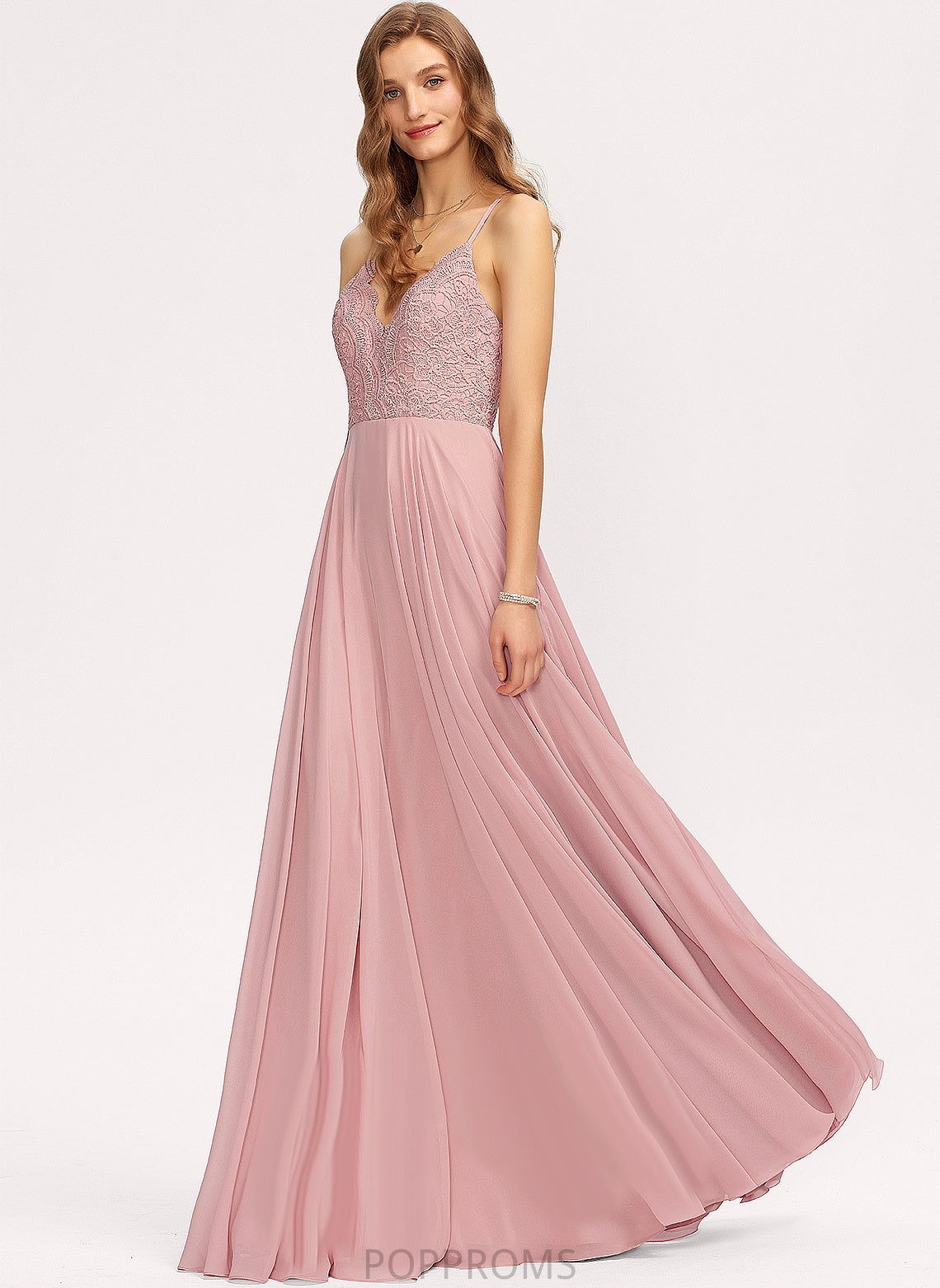 Lace Prom Dresses A-Line Floor-Length Chiffon V-neck Campbell