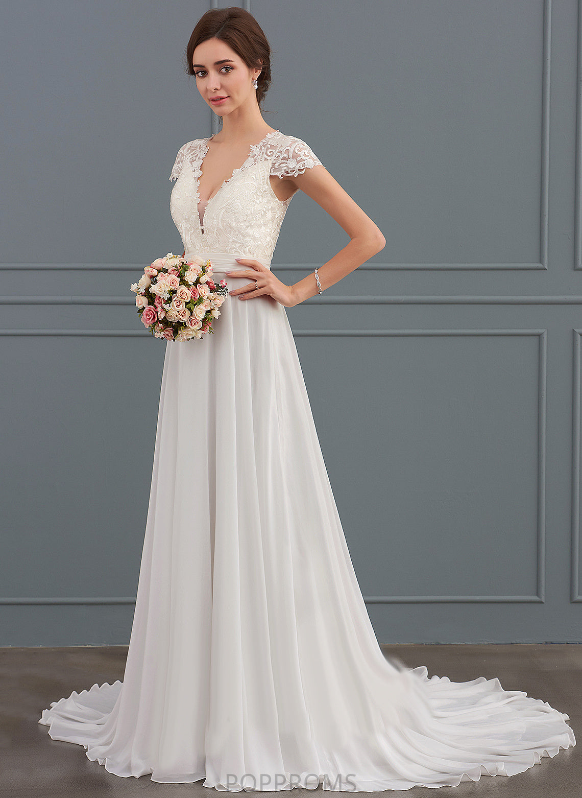 Dress Train With A-Line V-neck Talia Lace Wedding Sweep Chiffon Ruffle Wedding Dresses