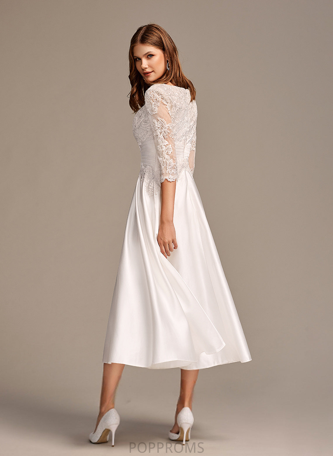 Tea-Length Scoop A-Line Lace Wedding Dresses Cali Satin Dress Wedding