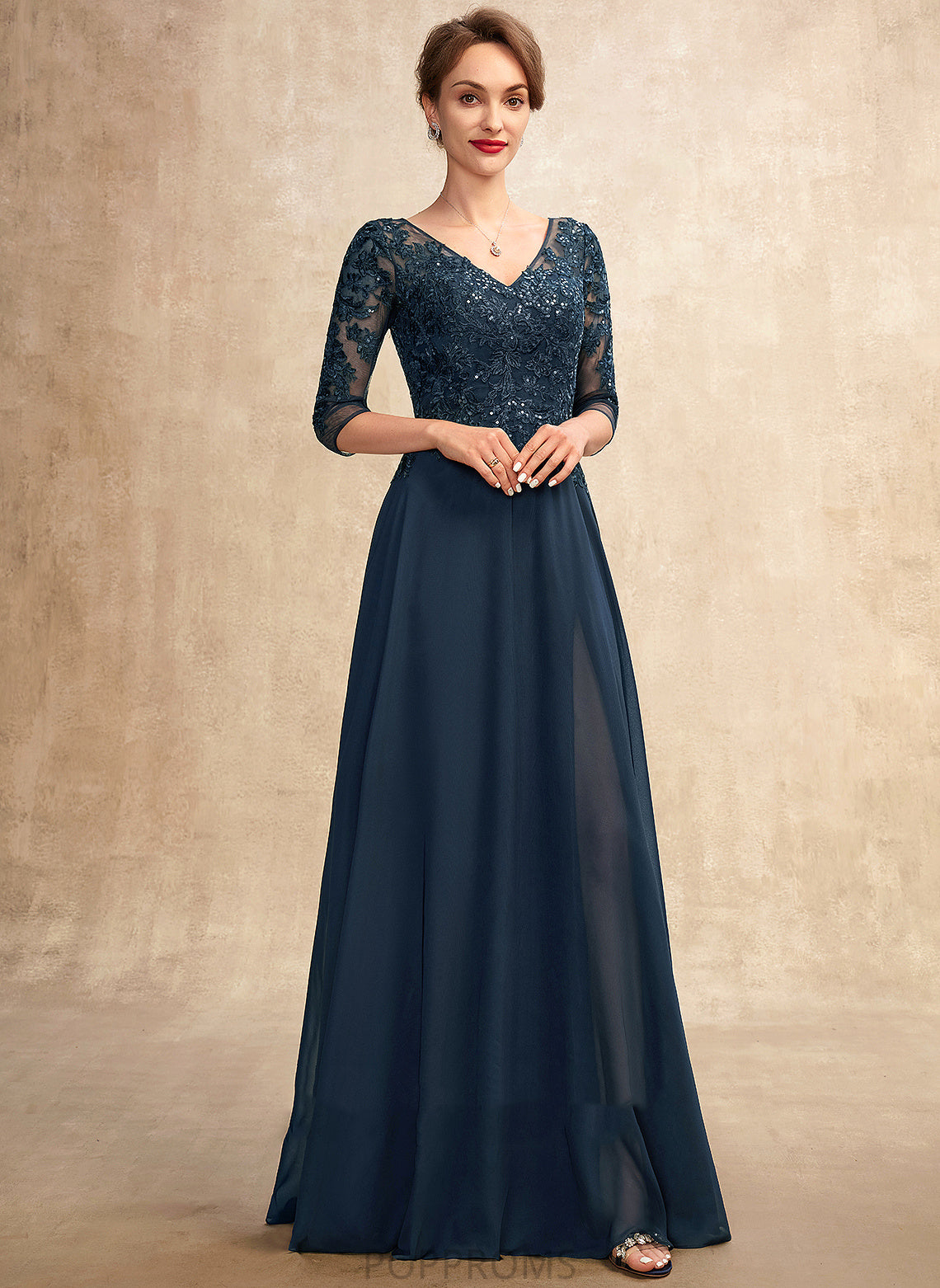 the Front Bride Sequins Split Mother Floor-Length Chiffon Lace V-neck of A-Line Dress Maggie Mother of the Bride Dresses With